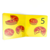 Pages of the book with the number 5 and 5 pizzas.