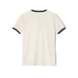 White t-shirt with navy trim on a white background