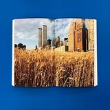 Open book showing a cityscape with tall buildings and a field of tall grass on a blue background
