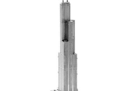 A 3D metal model kit of the Willis Tower, displayed on a white background.