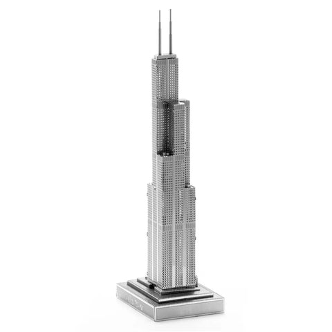 A 3D metal model kit of the Willis Tower, displayed on a white background.