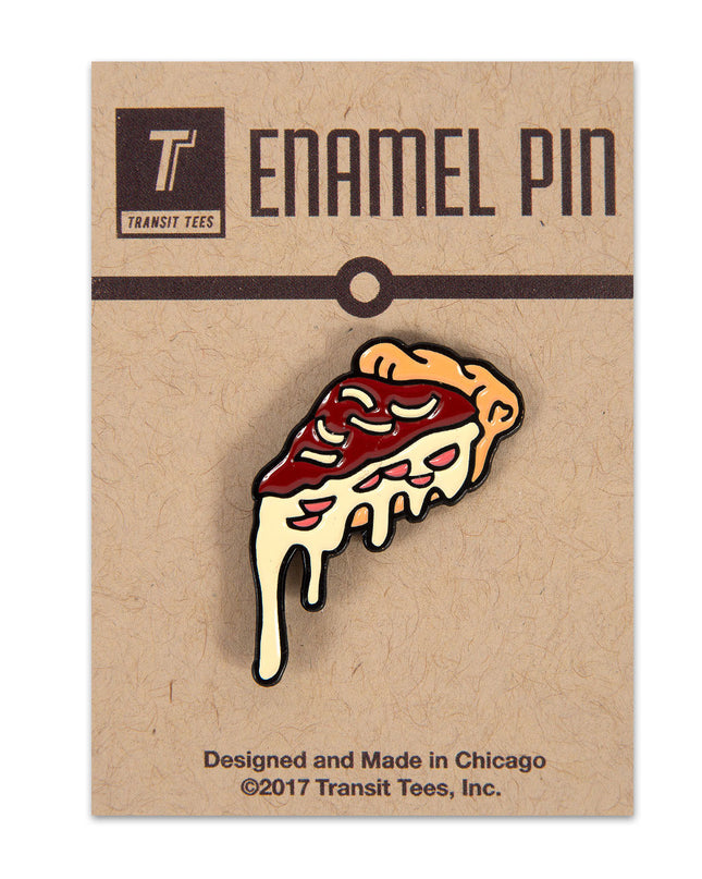 A enamel pin of a deep dish pizza on a brown cardboard backing.