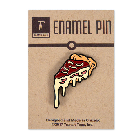 A enamel pin of a deep dish pizza on a brown cardboard backing.
