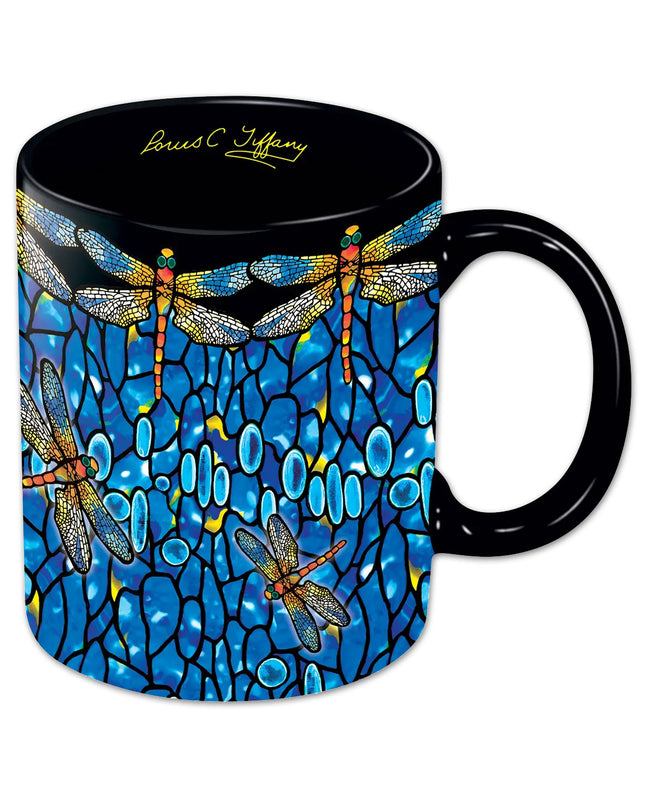 A black porcelain mug with a vibrant pattern of lace-winged dragonflies and blue oval jewels.