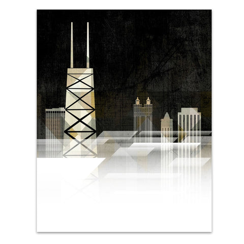 A black and white print of Chicago buildings with a cloud-like texture in the foreground.