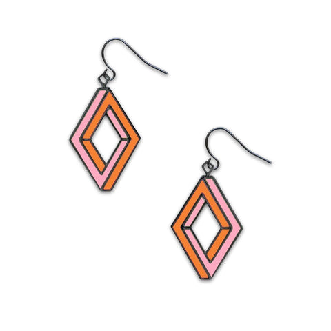 A pair of diamond-shaped earrings featuring orange and pink colors on a silver-toned background, connected to silver ear wires.