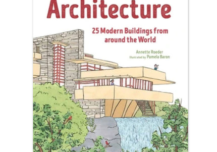 Cover of the book 'The Power of Architecture - Hardcover Book', depicting a colorful illustration of a modern building amidst natural surroundings.