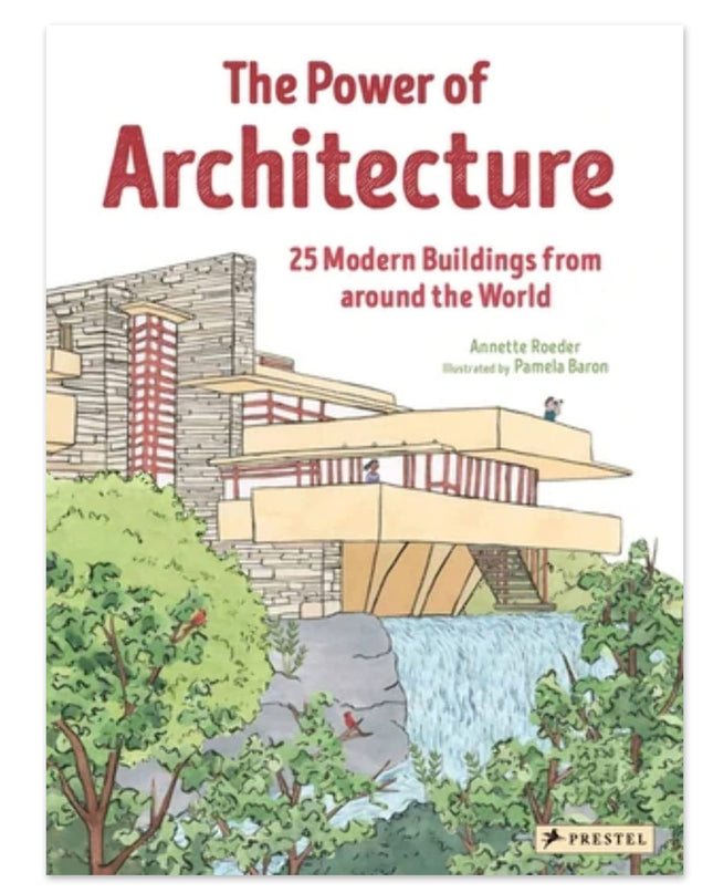Cover of the book 'The Power of Architecture - Hardcover Book', depicting a colorful illustration of a modern building amidst natural surroundings.