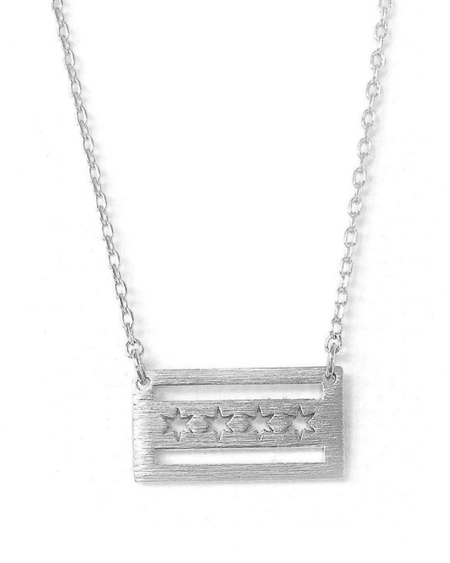 A silver necklace featuring a pendant with the Chicago flag design on a white background.