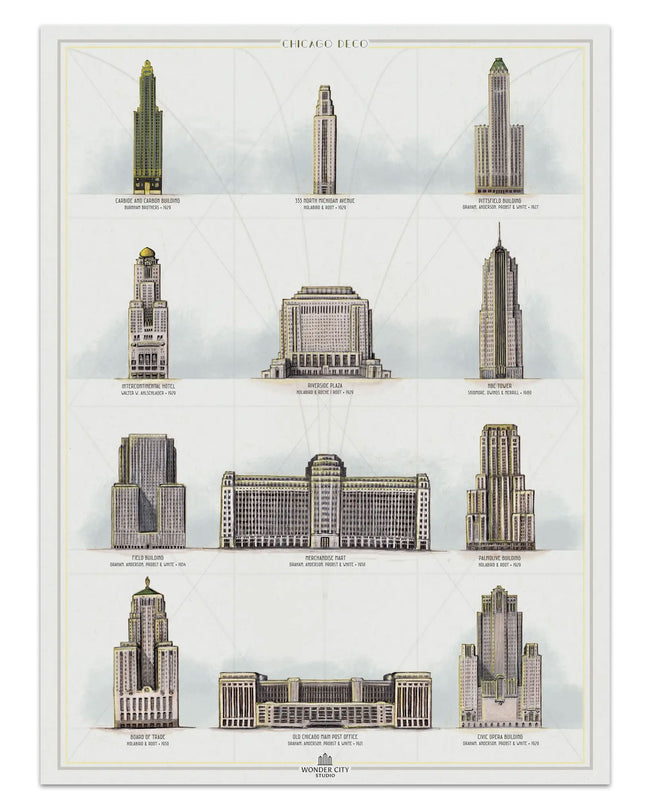 A printed art deco buildings poster featuring twelve different buildings with the years built and architect's name.