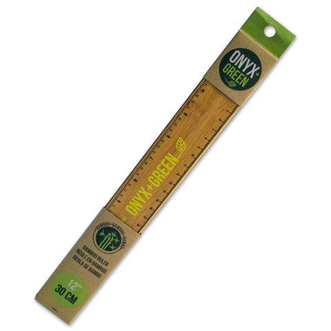 A 12-inch bamboo ruler with green and black markings, packaged in a cardboard sleeve.