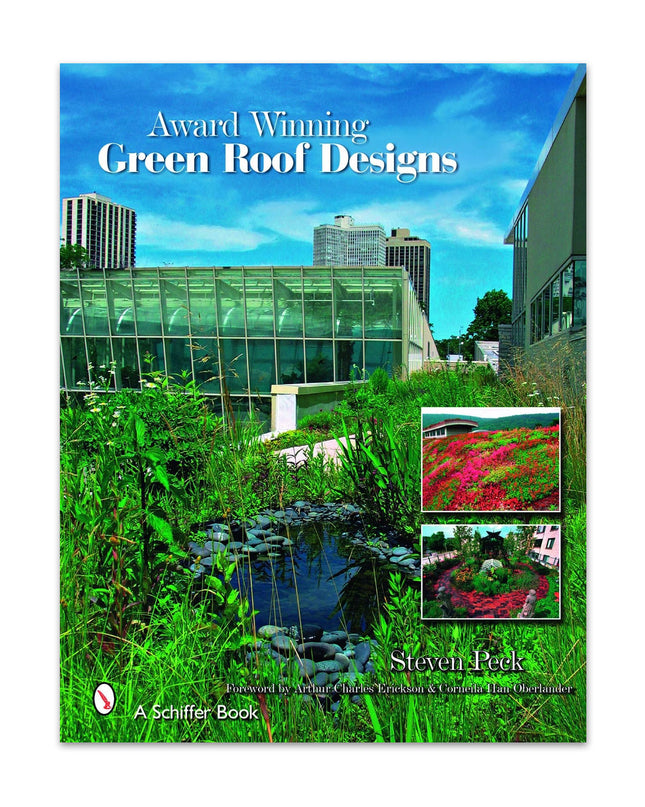 Cover of the book 'Award Winning Green Roof Designs' featuring green landscaping against a modern glass building.