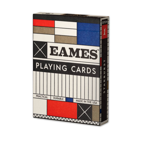 A pack of playing cards with the Eames Office Starburst Logo on the backs, featuring geometric designs on the faces.