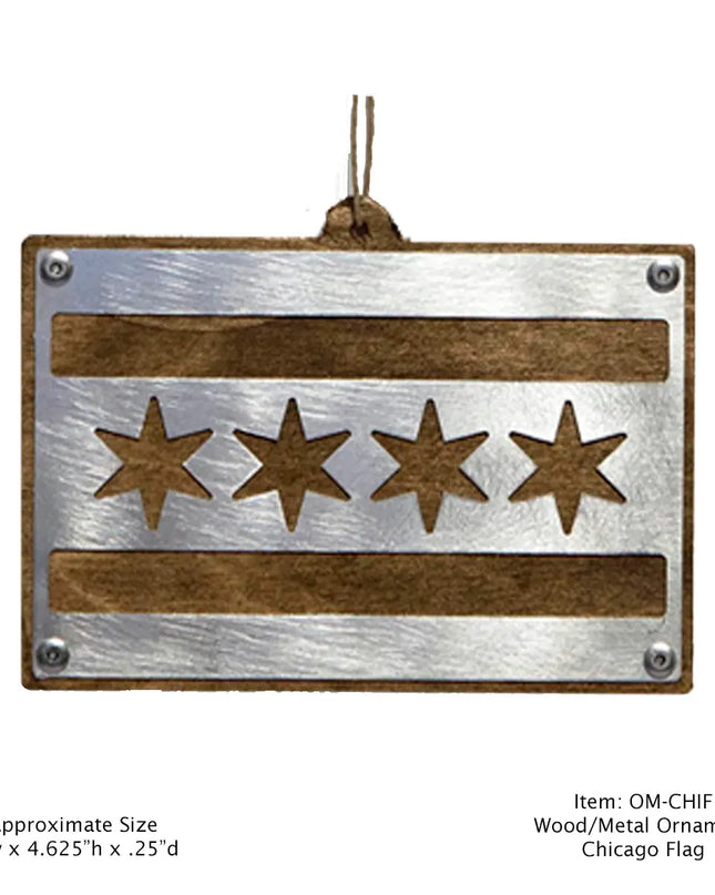 Chicago Flag Wood and Metal Ornament