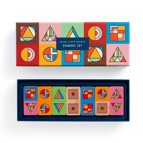 A set of colorful wooden dominoes with geometric patterns inspired by Frank Lloyd Wright, displayed both in the box and on the box cover.