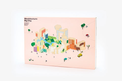 Packaging for Blockitecture Big City wooden toy set featuring illustrated architectural blocks creating a cityscape.