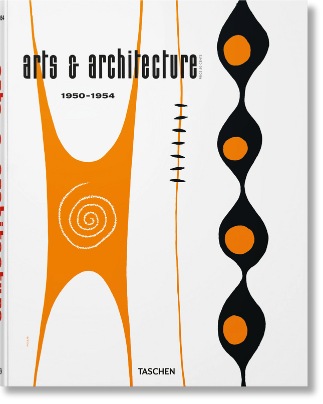 Cover of 'Arts & Architecture 1950-1954' book featuring graphic design elements such as circles and swirls in orange and black colors.