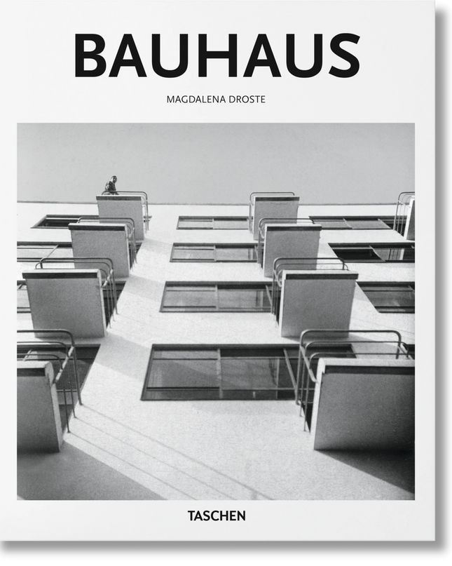 Cover of the book 'BAUHAUS' by Magdalena Droste, featuring a black and white photograph of a Bauhaus-style apartment building.
