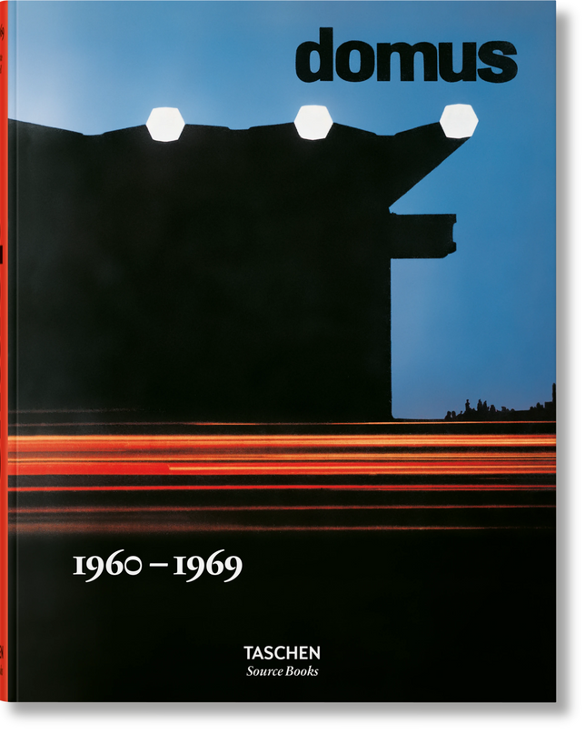Cover of 'domus 1960-1969' book featuring a building at dusk with a red streak of movement below.