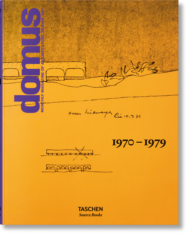 Cover of 'domus 1970-1979' book featuring a building sketch on a yellow background.