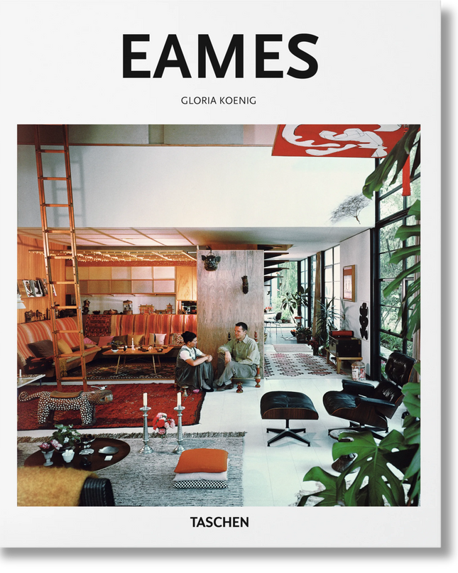 Cover of the 'Eames Taschen Basic Art' book, featuring a photograph of Charles and Ray Eames sitting in a home with various furniture pieces and decorative items.