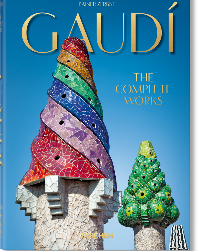 Cover of the book 'GAUDÍ: The Complete Works' featuring images of Gaudí's colorful architectural works and unique building designs.