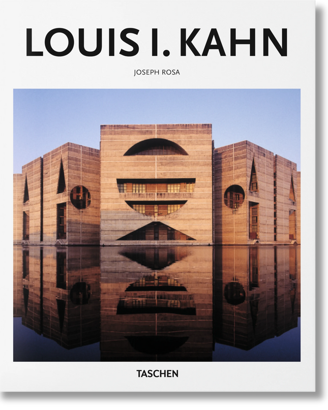 Cover of the book 'Louis I. Kahn' showcasing a photograph of a building with geometric shapes and a reflective surface.
