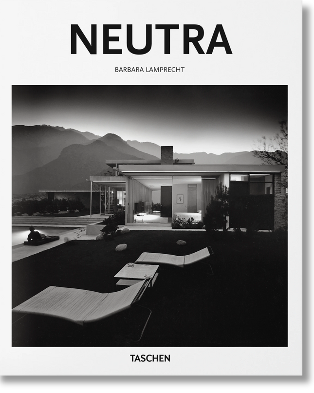 A cover image of a book titled 'NEUTRA' by TASCHEN featuring a black and white photograph of an architectural building with mountains in the background.
