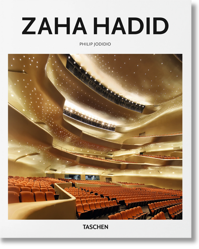 Cover of the book 'Zaha Hadid Taschen Basic Art' featuring a photograph of an interior architectural space with intricate ceiling details and lighting.