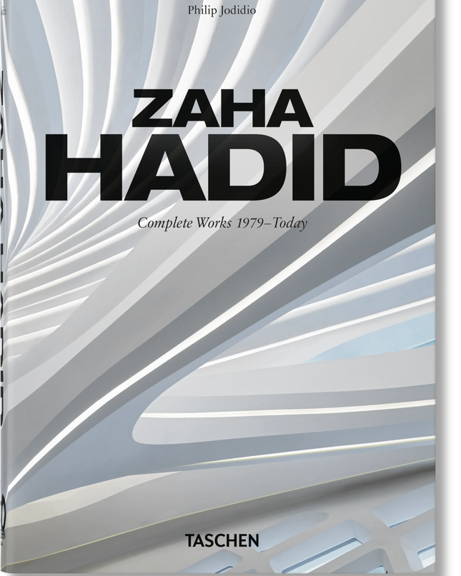 Cover of the book 'Zaha Hadid Complete Works 45th Edition' showcasing architectural patterns and the author's name.