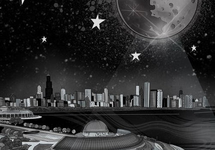 A digital illustration of the Adler Planetarium with the Chicago skyline in the background, featuring a large moon, stars, and a cloudless night sky.