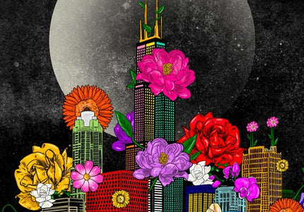 A colorful digital illustration print of the Chicago cityscape with flowers and a full moon in the background.
