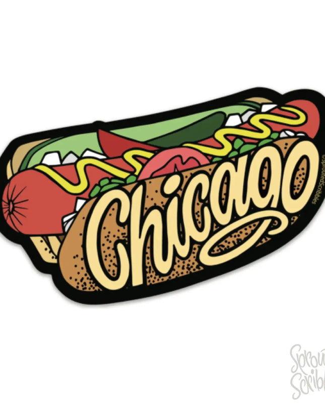 Sticker of a Chicago-style hot dog with 'Chicago' text on the bun