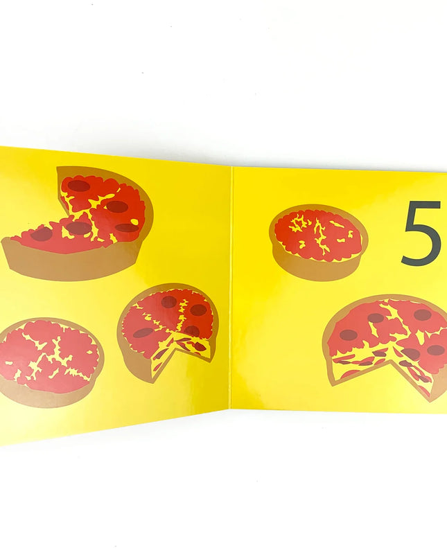 Pages of the book with the number 5 and 5 pizzas.