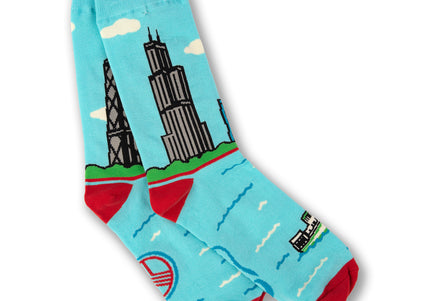 Light blue socks with a cityscape designs