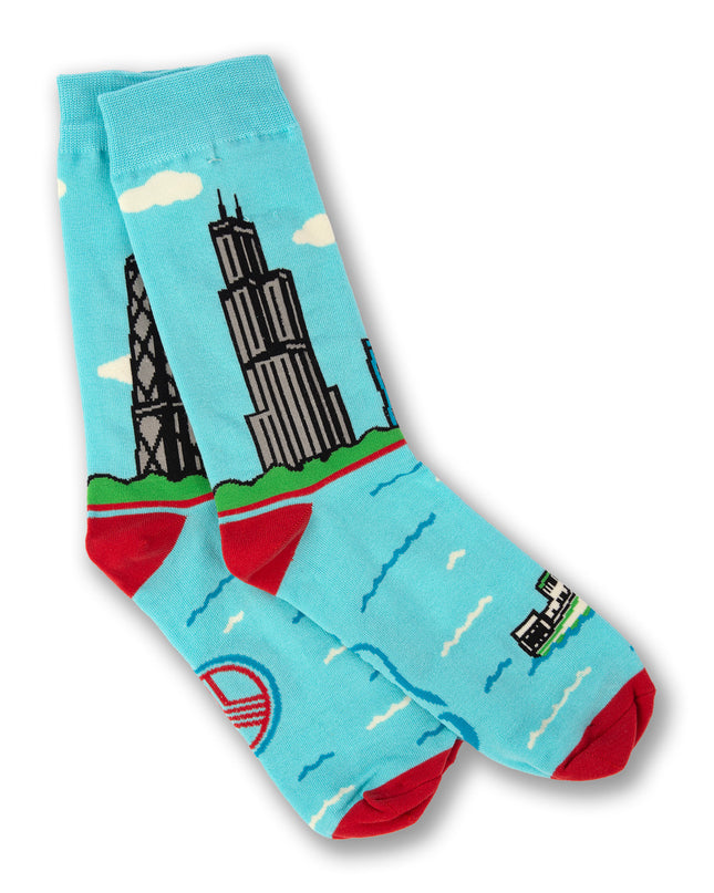 Light blue socks with a cityscape designs