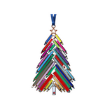 Christmas tree shaped, multi-colored ornament with ribbon loop for hanging.