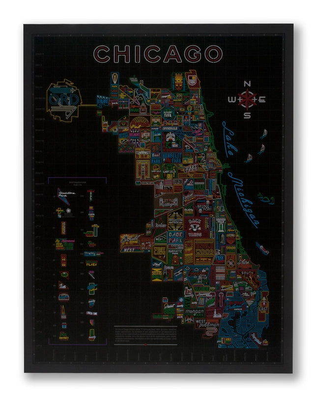 Neon Neighborhood Map of Chicago 22" X 28" Poster