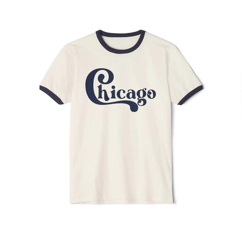 White t-shirt with 'Chicago' text and navy blue ringer design on a white background