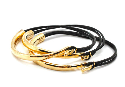 Black Leather 24K Gold Plate Bangle Bracelet