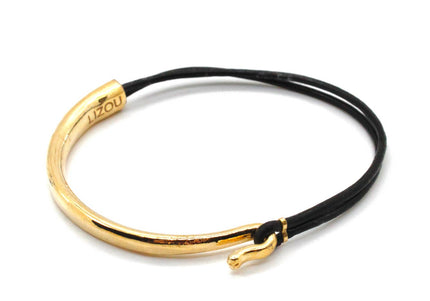 Black Leather 24K Gold Plate Bangle Bracelet