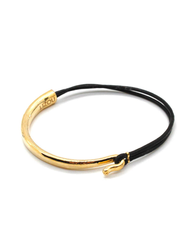 Black Leather 24K Gold Plate Bangle Bracelet