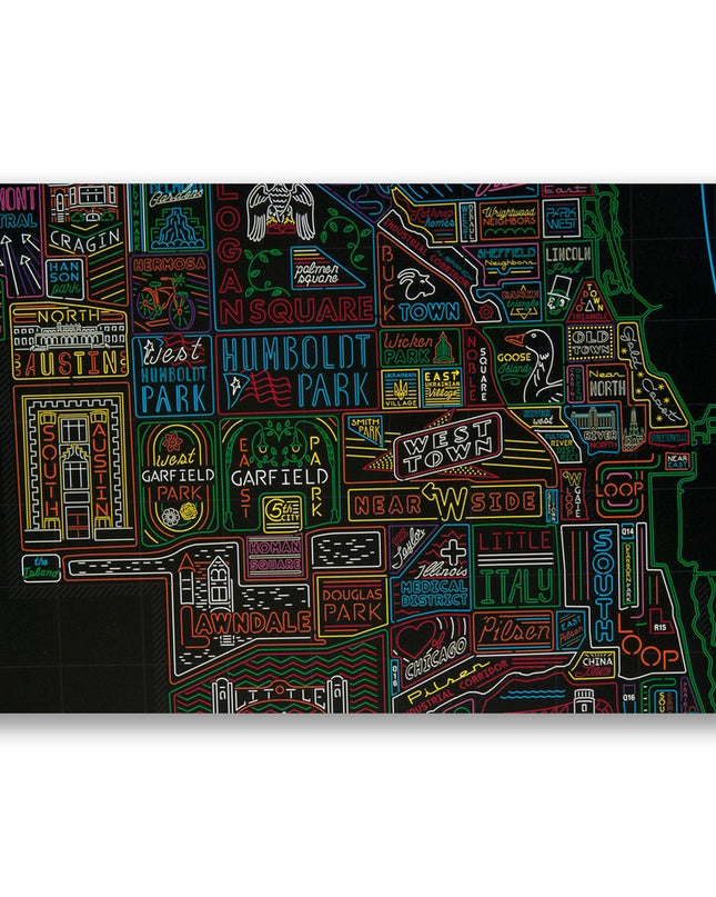 Neon Neighborhood Map of Chicago 22" X 28" Poster