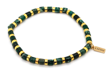 Green Semi Precious Stone and Gold Stretch Bracelet