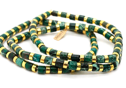 Green Semi Precious Stone and Gold Stretch Bracelet