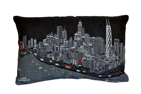 Embroidered Skyline Throw Pillow- Grey