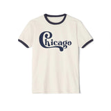 White t-shirt with 'Chicago' text and navy blue ringer design on a white background
