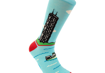 Sock with a design of a building and landscape on a light blue background