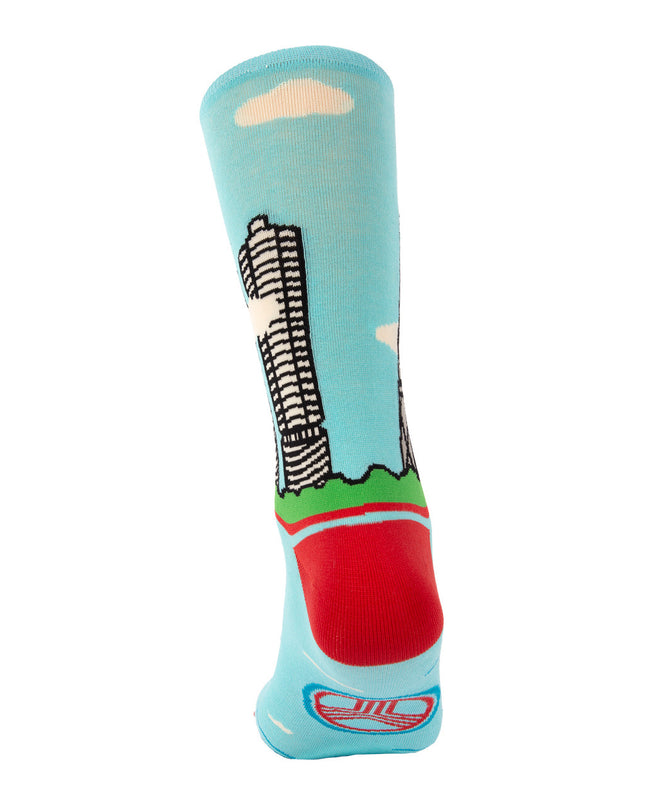 Colorful sock with a design on a light blue background