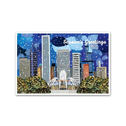 A holiday card featuring a snowy cityscape with the text 'Season's Greetings' and a visible Buckingham Fountain.